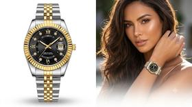 Relógio Feminino Poedagar Luxo Aço Inox Banhada Ouro Fundo Preto Bracelete