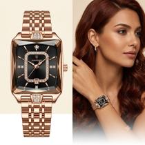 Relógio Feminino Poedagar Quadrado Luxo Aço Inox Banhada Ouro Rosa Fundo Preto Bracelete Relógio Feminino Poedagar Quadrado Luxo Aço Inox Banhada Ouro Rosa Fundo Preto Bracelete