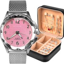 Relógio feminino + Porta Joia + Colar + Brincos Social. Pulseira silicone original cor prata casual
