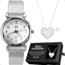 relogio feminino prata aço + caixa + colar amor coração strass transparente qualidade premium inoxidável social moda