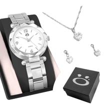 Relogio feminino prata aço + colar strass + caixa presente mostrador preto delicado ponteiro garantia original ajustavel