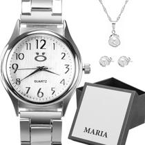 relogio feminino prata aço inox + brincos caixa colar original presente social qualidade premium perola moda