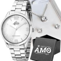 Relogio Feminino Prata Aço Inox + Caixa + Pulseira + Colar