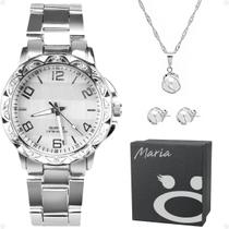 relógio feminino prata aço inox + colar + brincos + caixa