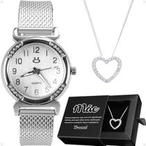 relogio feminino prata aço inox + colar coração mãe + caixa inoxidável edição limitada moda strass transparente presente