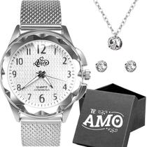 Relogio Feminino Prata Aço Inox + Pulseira + Caixa + Colar moda casual edição limitada original social strass presente