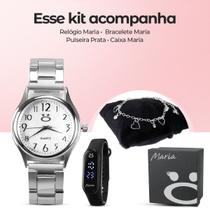 Relogio Feminino Prata Aço Inox + Relogio Bracelete Digital + Pulseira Com Pingentes + Caixa Premium Presente Delicada Moda