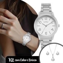 Relógio Feminino Prata Analógico de Pulso com Caixa e Pulseira em Aço Inoxidável à Prova D Agua Luxo Elegante Fashion Condor com Kit Colar e Brincos