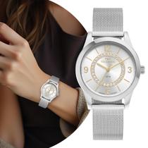 Relógio Feminino Prata Analógico de Pulso Movimento Quartzo com Caixa e Pulseira de Aço Inoxidável À Prova D Água à Água Luxo Elegante Fashion Technos