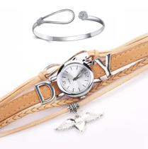 Relógio Feminino Prata + Bracelete Pulseira Pingente Luxo