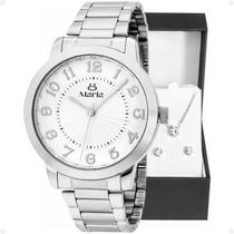 relogio feminino prata + colar strass + brincos + caixa ajustavel casual social moda qualidade premium presente