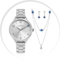 Relógio Feminino Prata Condor Kit Colar Brincos Olho Grego