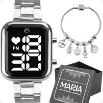 relogio feminino prata digital + pulseira delicada moda qualidade premium social casual original presente