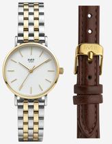 Relógio Feminino Prata Dourado + Pulseira de Couro Marrom