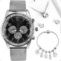 relogio feminino prata fundo preto a prova dagua+ pulseira moda pandora + brincos strass + colar presente