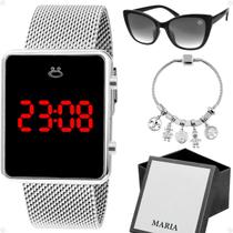 relogio feminino prata led + oculos sol + pulseira + caixa qualidade premium ajustável proteção uv silicone gatinho moda relogio feminino prata led + oculos sol + pulseira + caixa qualidade premium ajustável proteção uv silicone gatinho moda