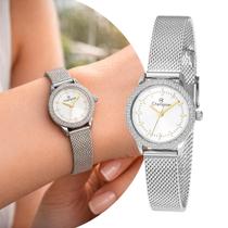 Relógio Feminino Prata Pequeno Redondo com Caixa e Pulseira de Aço Inoxidável à Prova d Água Luxo Fashion Elegante Champion