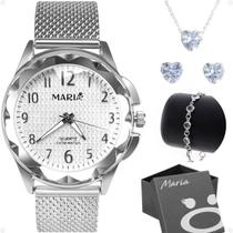 relogio feminino prata prova dagua + pulseira + colar brinco casual moda presente coração original social zirconia