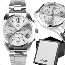 Relógio Feminino Prata Pulseira Aço + Caixa Presente Rma46