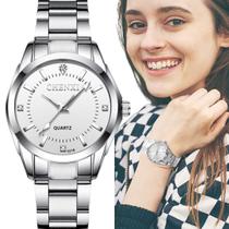 Relógio Feminino Prata Pulseira Aço Luxo + Caixa