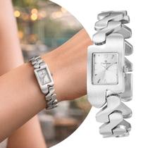 Relógio Feminino Prata Quadrado com Caixa e Pulseira de Aço Inoxidável com Resistência à Água Luxo Fashion Elegante Casual e Social Champion