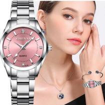 Relógio Feminino Prata Rosê Pulseira Aço Luxo + Caixa