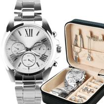 relogio feminino prateado + colar + pulseira + porta joia prova dagua qualidade premium original social presente casual relogio feminino prateado + colar + pulseira + porta joia prova dagua qualidade premium original social presente casual