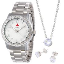 Relógio Feminino Prateado Original Quebec Com Colar e Brincos