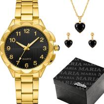 Relogio Feminino Preto Aço + Caixa + Brincos + Colar Strass social qualidade premium mostrador preto ajustavel garantia Relogio Feminino Preto Aço + Caixa + Brincos + Colar Strass social qualidade premium mostrador preto ajustavel garantia