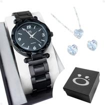 relogio feminino preto aço + caixa + colar strass + brincos original garantia black piano presente ponteiro social