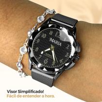 Relogio feminino preto aço inox + oculos proteção uv sol silicone original inoxidavel social casual presente black piano