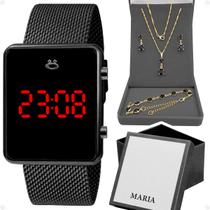 Relogio Feminino Preto Digital + Colar + Brincos presente aço inoxidavel casual pulseira ajustável quadrado social