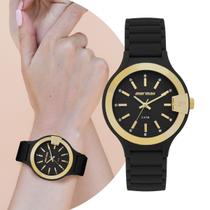 Relógio Feminino Preto e Dourado Analógico de Pulso com Pulseira de Silicone Pequeno Delicado Casual Fashion Luxo Elegante Mormaii