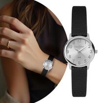 Relógio Feminino Preto e Prata Analógico de Pulso com Pulseira de material ecológico Pequeno Delicado Luxo Elegante Fashion Social Casual Condor Original Relógio Feminino Preto e Prata Analógico de Pulso com Pulseira de material ecológico Pequeno Delicado Luxo Elegante Fashion Social Casual Condor Original