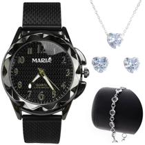 Relógio Feminino Prova D' água Aço Inox + Colar + Brinco + Pulseira - Prata - Orizom Maria Relógio Feminino Prova D' água Aço Inox + Colar + Brinco + Pulseira - Prata - Orizom Maria