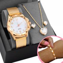 Relógio Feminino Prova D'água Dourado + Kit Moda Colar Par de Brincos Pulseira Caixa