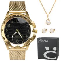 relogio feminino prova dagua aço dourado + colar presente silicone fundo preto resistente moda pulseira ajustavel casual