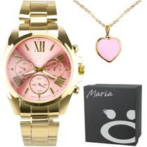 relogio feminino prova dagua aço inox + colar ouro presente dourado social qualidade premium casual aço inoxidavel - Orizom
