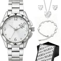 Relogio Feminino Prova Dagua Aço Inox + Pulseira + Colar prateado zirconia original presente inoxidavel moda coração Relogio Feminino Prova Dagua Aço Inox + Pulseira + Colar prateado zirconia original presente inoxidavel moda coração