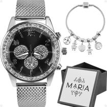 relogio feminino prova dagua aço strass + pulseira caixa