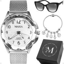 Relogio Feminino Prova Dagua + Caixa + Oculos Sol strass prata qualidade premium casual silicone original protecao uv