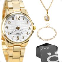 Relogio Feminino Prova Dagua + Colar Ponto Luz + Pulseira aço inoxidável qualidade premium presente dourado Relogio Feminino Prova Dagua + Colar Ponto Luz + Pulseira aço inoxidável qualidade premium presente dourado