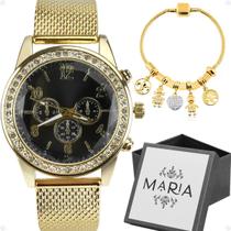 relogio feminino prova dagua dourado + pulseira + caixa moda social mostrador preto qualidade premium redondo delicado