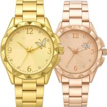 Relogio feminino prova dagua dourado + relogio aco inox rose banhado social casual presente combo original redondo kit