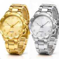 Relogio feminino prova dagua dourado + relogio aço prata social redondo casual presente original combo kit resistente