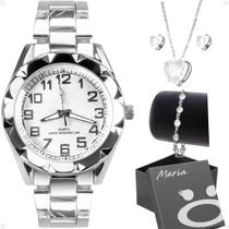 Relogio Feminino Prova Dagua Prata + Colar + Pulseira Relogio Feminino Prova Dagua Prata + Colar + Pulseira