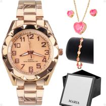 relogio feminino prova dagua rose + caixa + brincos + colar casual qualidade premium moda inoxidável presente social - Orizom