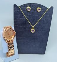 Relógio Feminino Pulseira Aço Inoxidável Redondo Dourado Gold Rose Qurtzo + Conjunto Colar e Brincos Folheado Ouro 18K