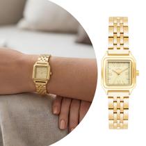Relógio Feminino Quadrado Dourado com Caixa e Pulseira de Aço Inoxidável com Aplicação de Cristais e Resistência à Água Pequeno Fashion Condor