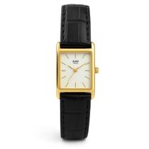 Relógio Feminino Quadrado Dourado Couro Preto Rembrandt Gold